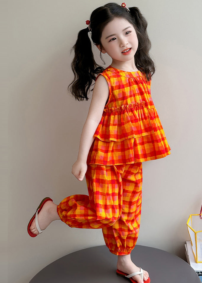 Handmade Orange Ruffled Plaid Cotton Kids Girls Women Sets 2 Pieces Summer