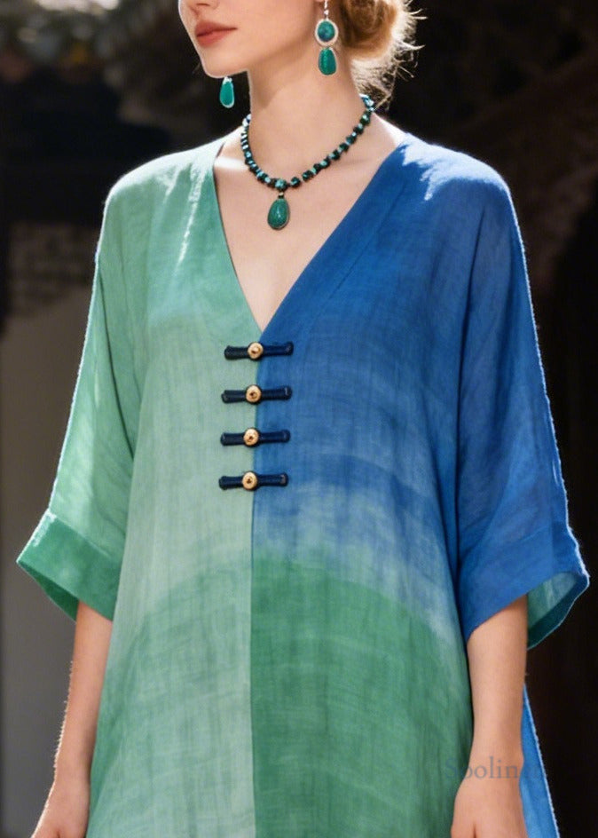 Handmade Oversized Tie Dye Chinese Button Cotton Robe Dresses Summer