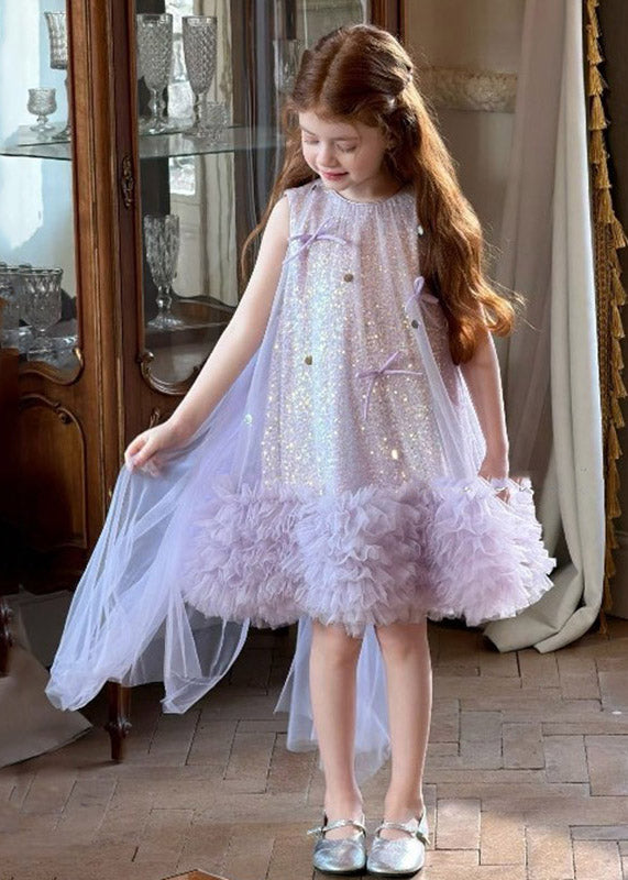 Handmade Purple Patchwork Bow Tulle Girls Long Dresses Summer