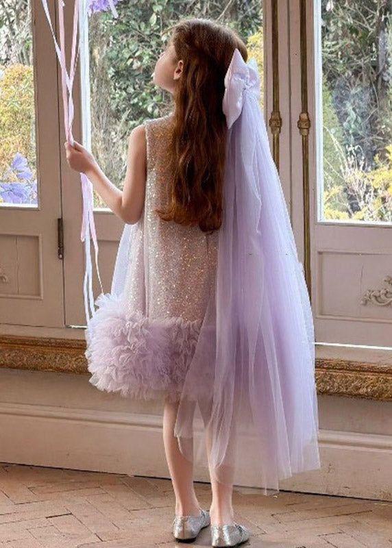Handmade Purple Patchwork Bow Tulle Girls Long Dresses Summer