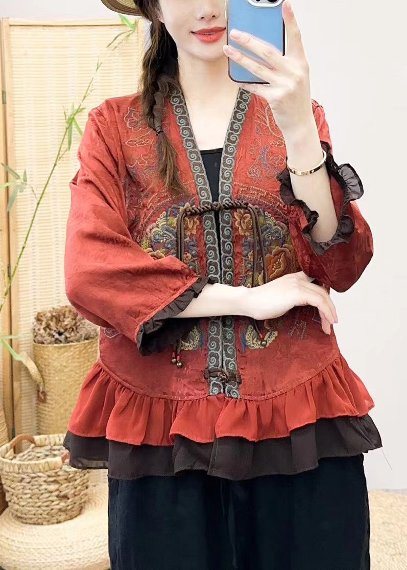 Handmade Red Embroidered Patchwork Silk Shirt Bracelet Sleeve
