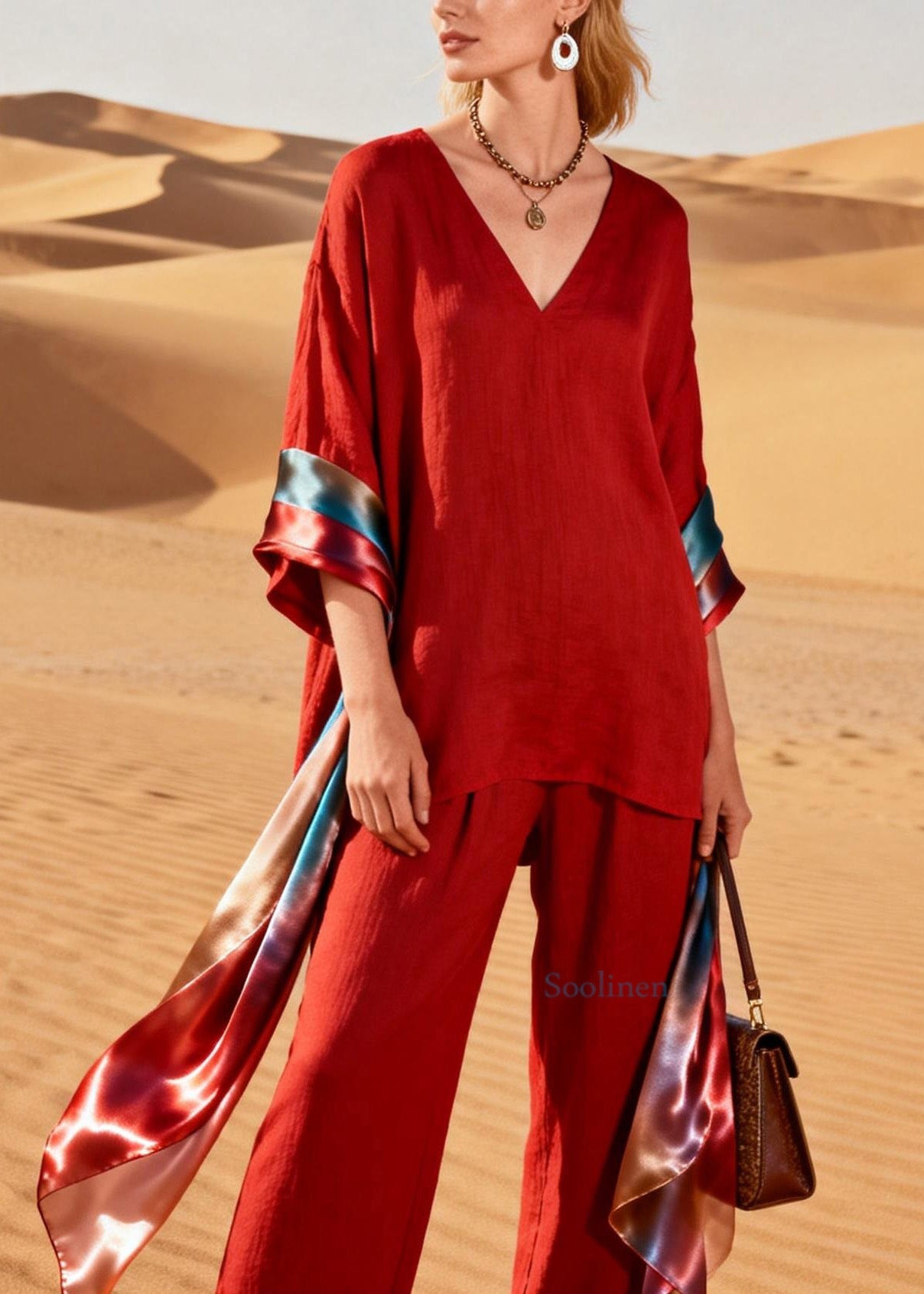 Handmade Red V Neck Patchwork Linen Silk Two Piece Set Women Clothing Summer