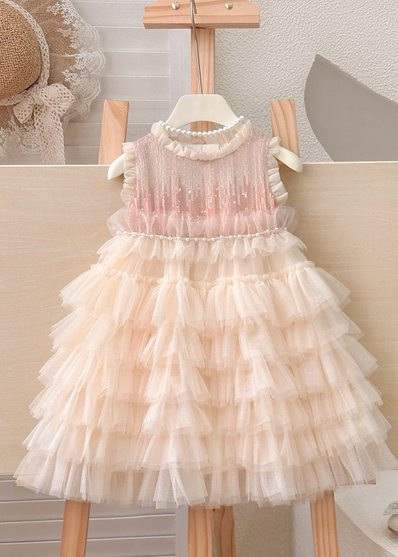 Handmade Ruffled Nail Bead Tulle Kids Long Cake Dress Sleeveless