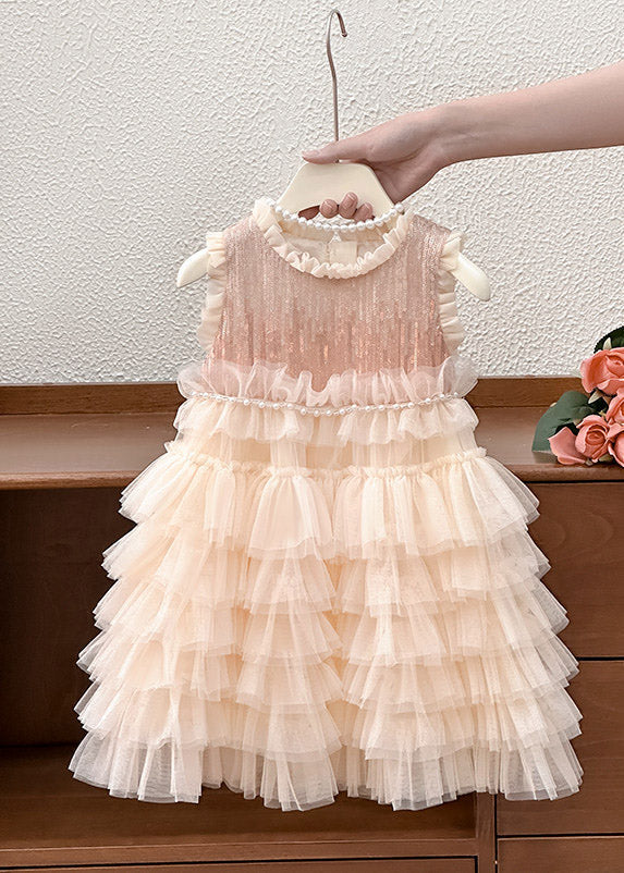 Handmade Ruffled Nail Bead Tulle Kids Long Cake Dress Sleeveless