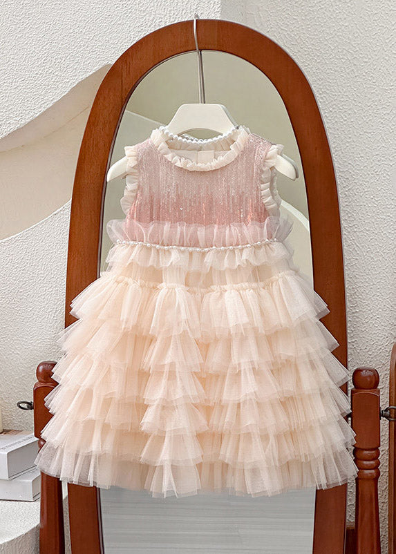 Handmade Ruffled Nail Bead Tulle Kids Long Cake Dress Sleeveless