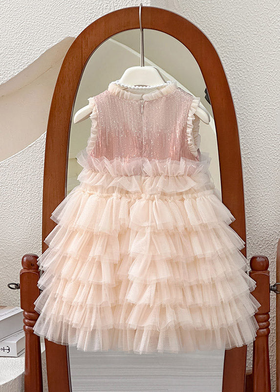 Handmade Ruffled Nail Bead Tulle Kids Long Cake Dress Sleeveless