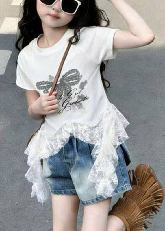 Handmade White Lace Patchwork Tassel Kids T Shirts Short Sleeve
