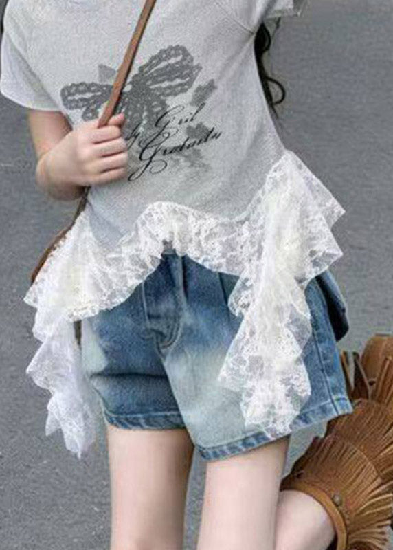 Handmade White Lace Patchwork Tassel Kids T Shirts Short Sleeve