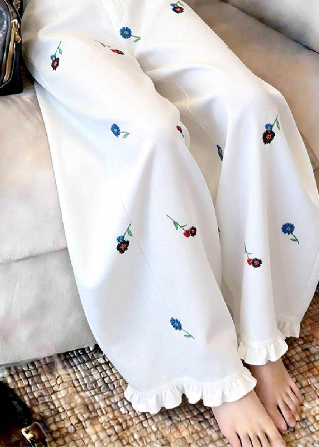 Handmade White Ruffled Patchwork Wide Leg Pants