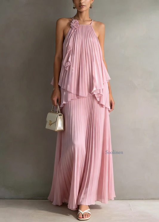 Holiday Style Pink Pleated Top And Skirts Chiffon Two Pieces Set Summer