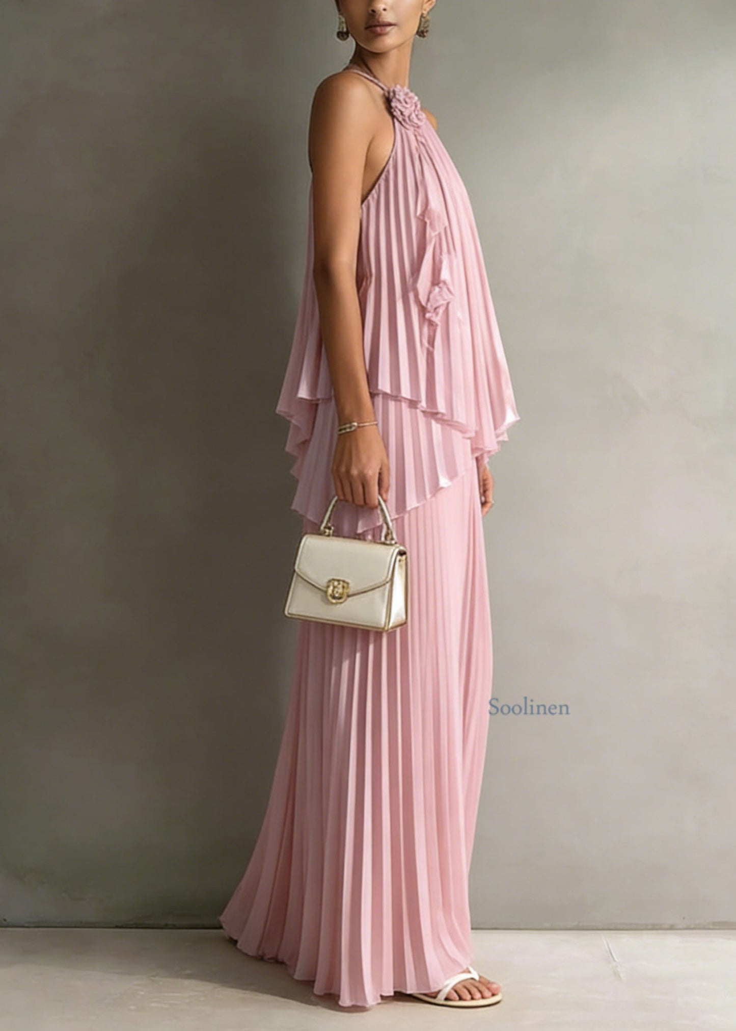 Holiday Style Pink Pleated Top And Skirts Chiffon Two Pieces Set Summer
