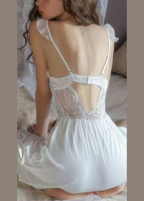 Hot White Hollow Out Ice Silk Cardigans And Slips Lingerie Sets