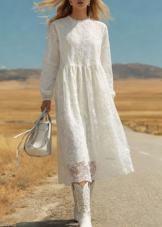 Italian Beige Embroidered Tulle Warm Fleece Long Dresses Spring
