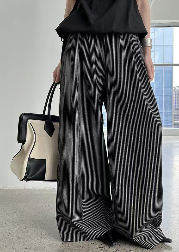 Italian Black Oversized Striped Cotton Wide Leg Pants Spring