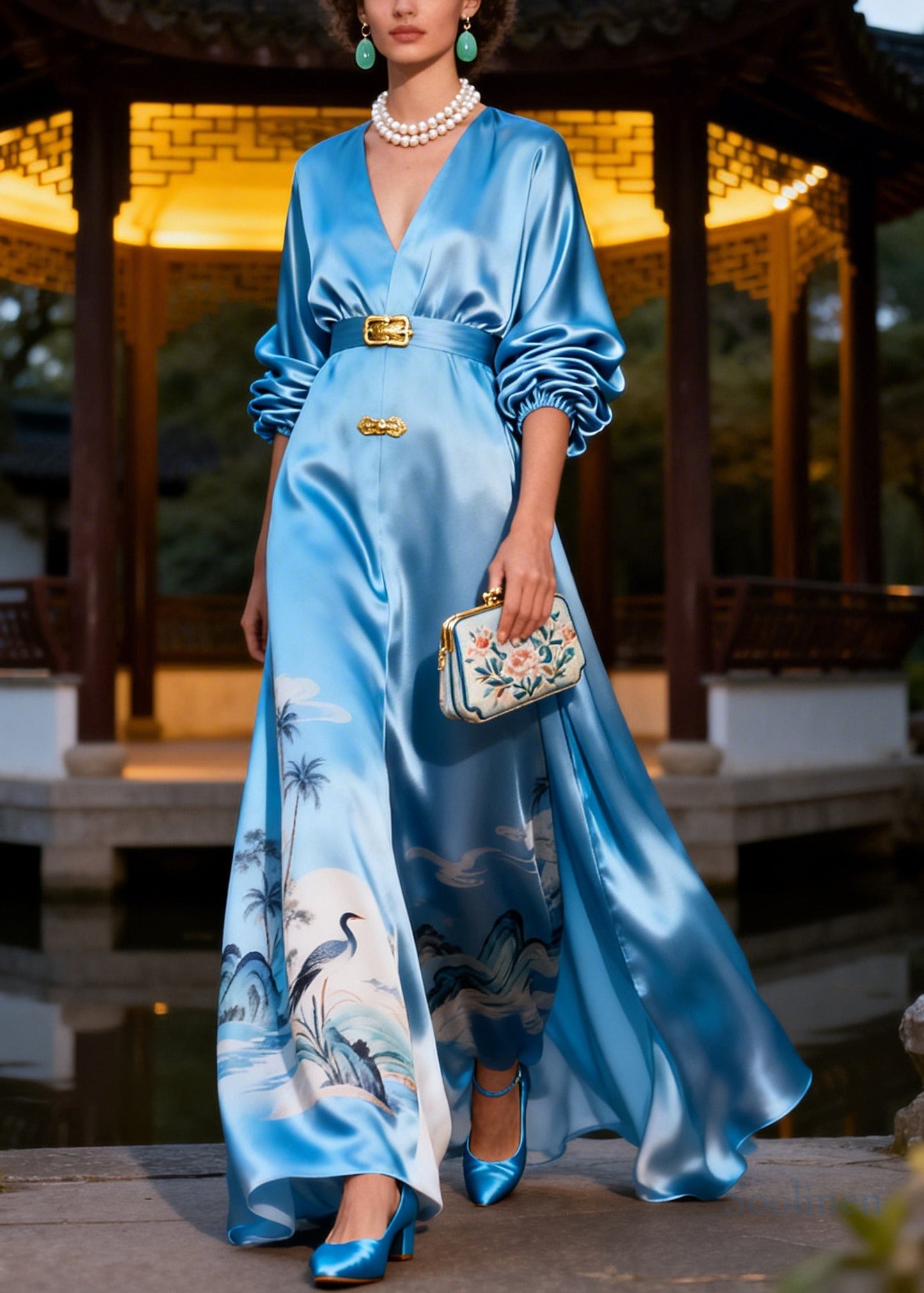 Italian Blue Print Exra Large Hem Silk Party Dress Summer