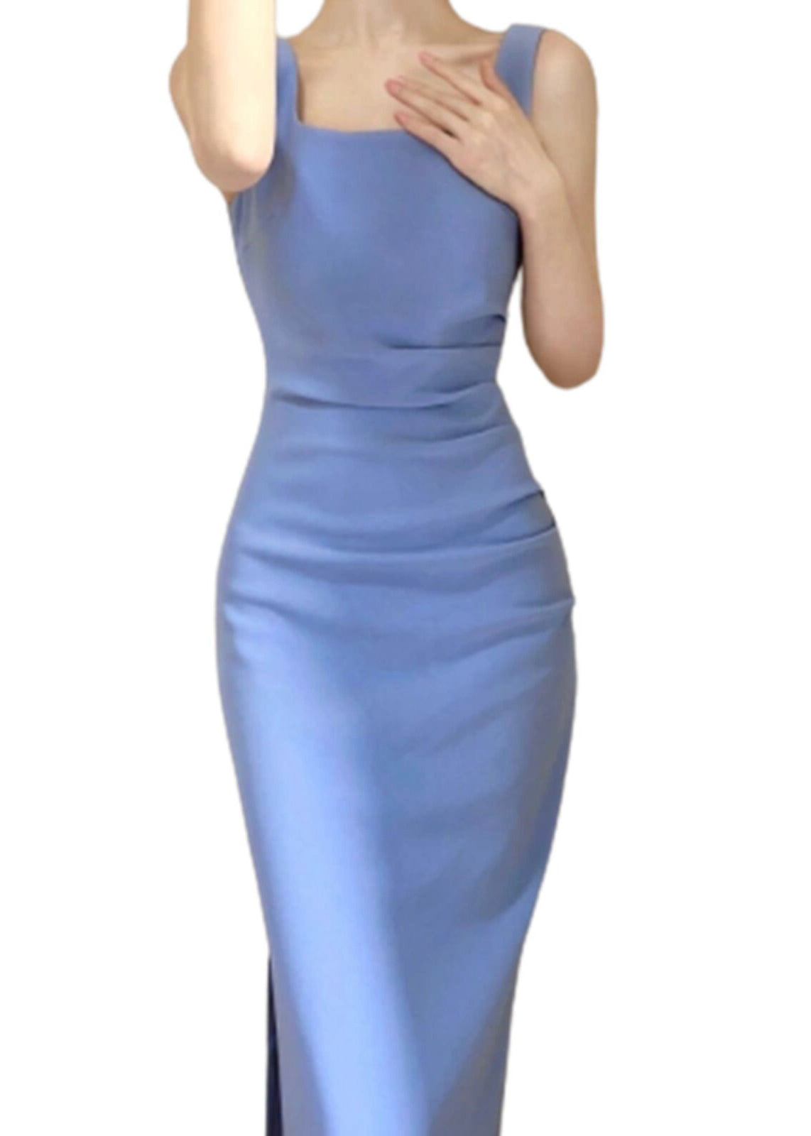 Italian Blue Side Open Wrinkled Cotton Dress Sleeveless
