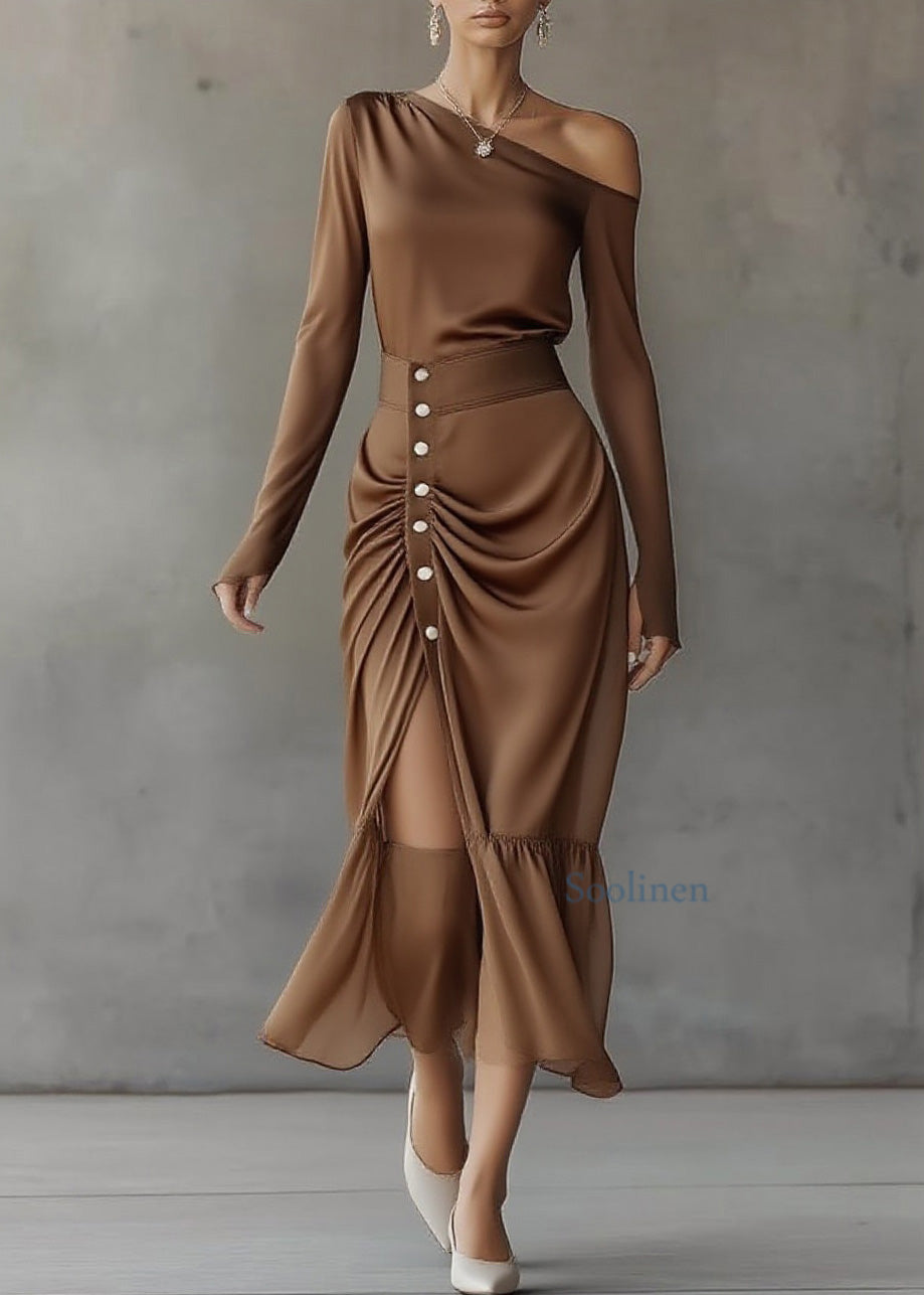Italian Brown Top And Skirts Chiffon Two Pieces Set Spring