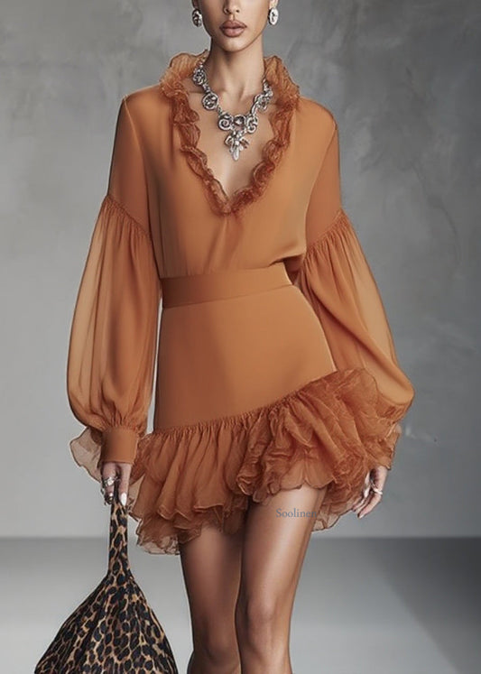 Italian Caramel Tunic Party Mid Dress V Neck Patchwork Lantern Sleeve