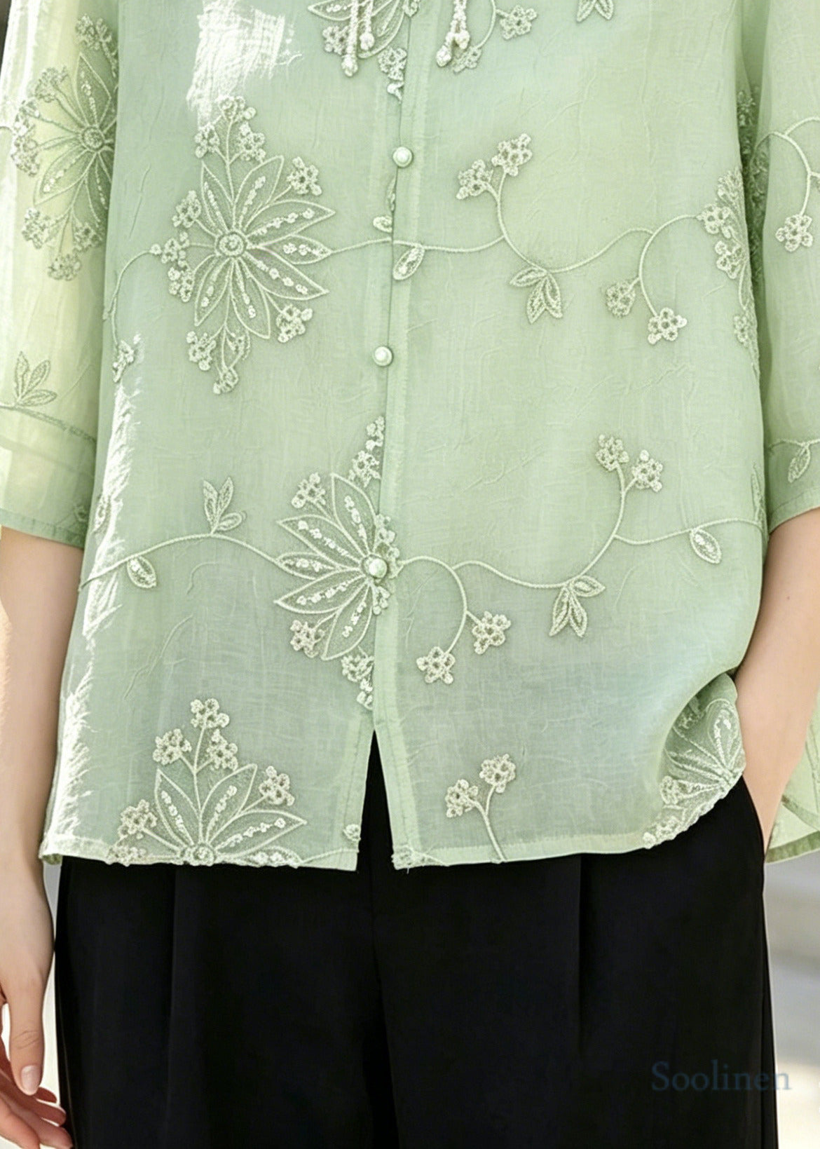 Italian Green Embroidered Tasseled Chiffon Blouses Half Sleeve