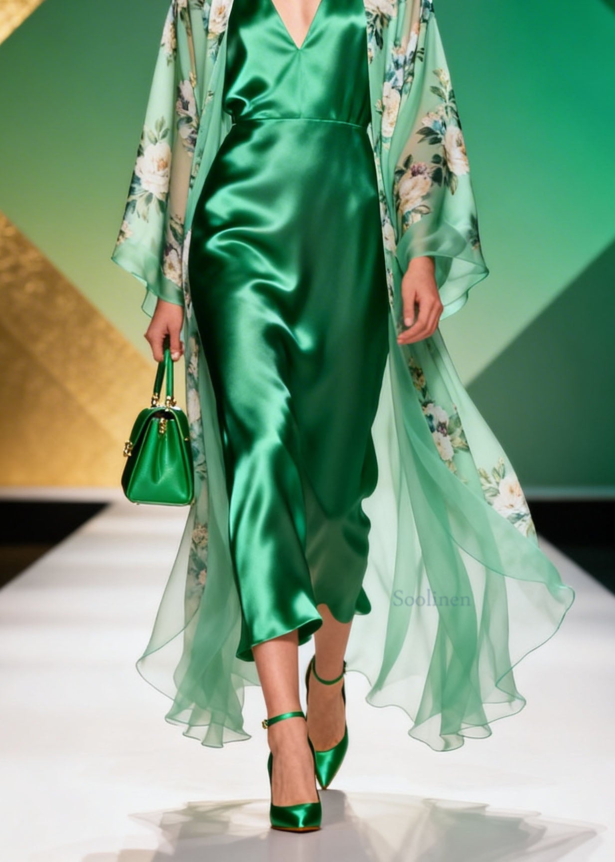 Italian Green Print Cardigans Dress Silk Two Pieces Set Summer