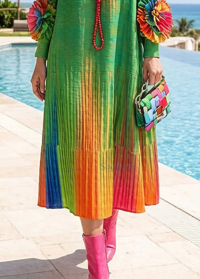 Italian Green Tie Dye Floral Decorated Cotton Maxi Dresses Spring