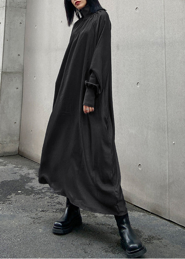 Italian Grey Hign Neck Patchwork Cotton Maxi Dresses Long Sleeve