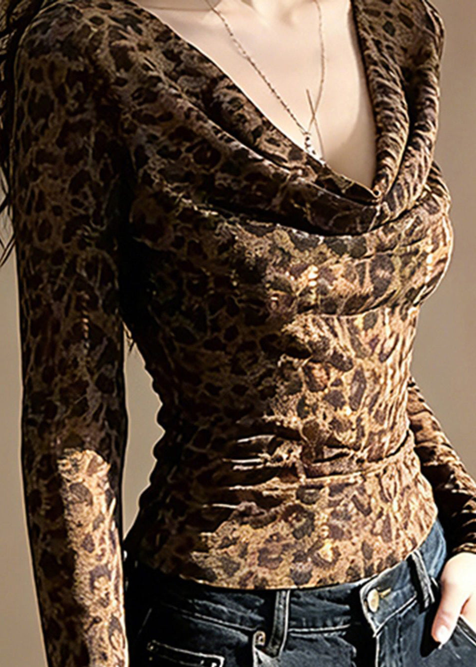 Italian Leopard V Neck Wrinkled Cotton T Shirt Spring