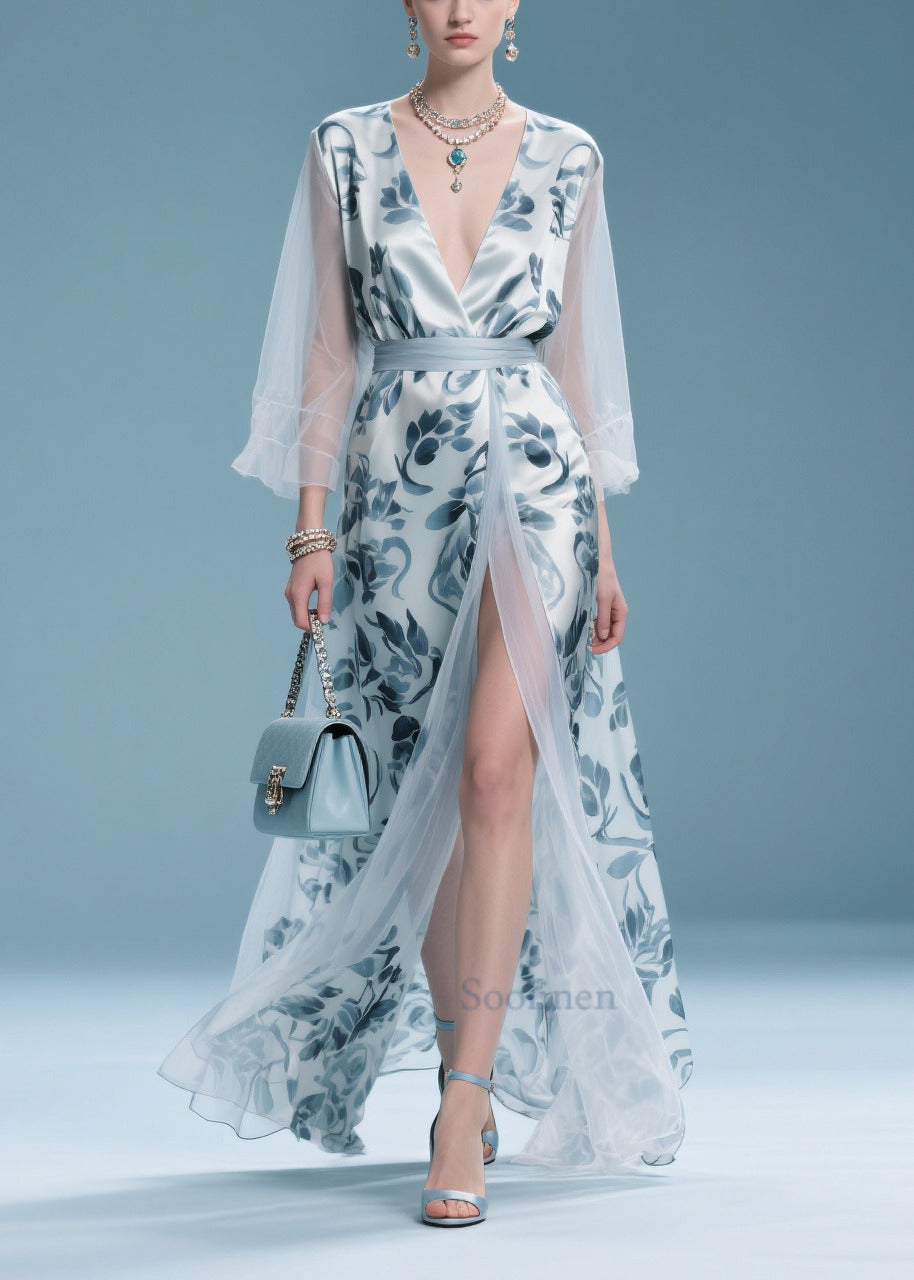 Italian Light Blue Print Patchwork Tulle Maxi Dress Summer