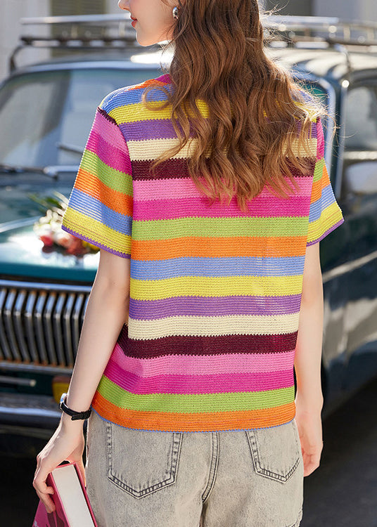 Italian Multicolour Striped O-Neck Cotton Tops Summer