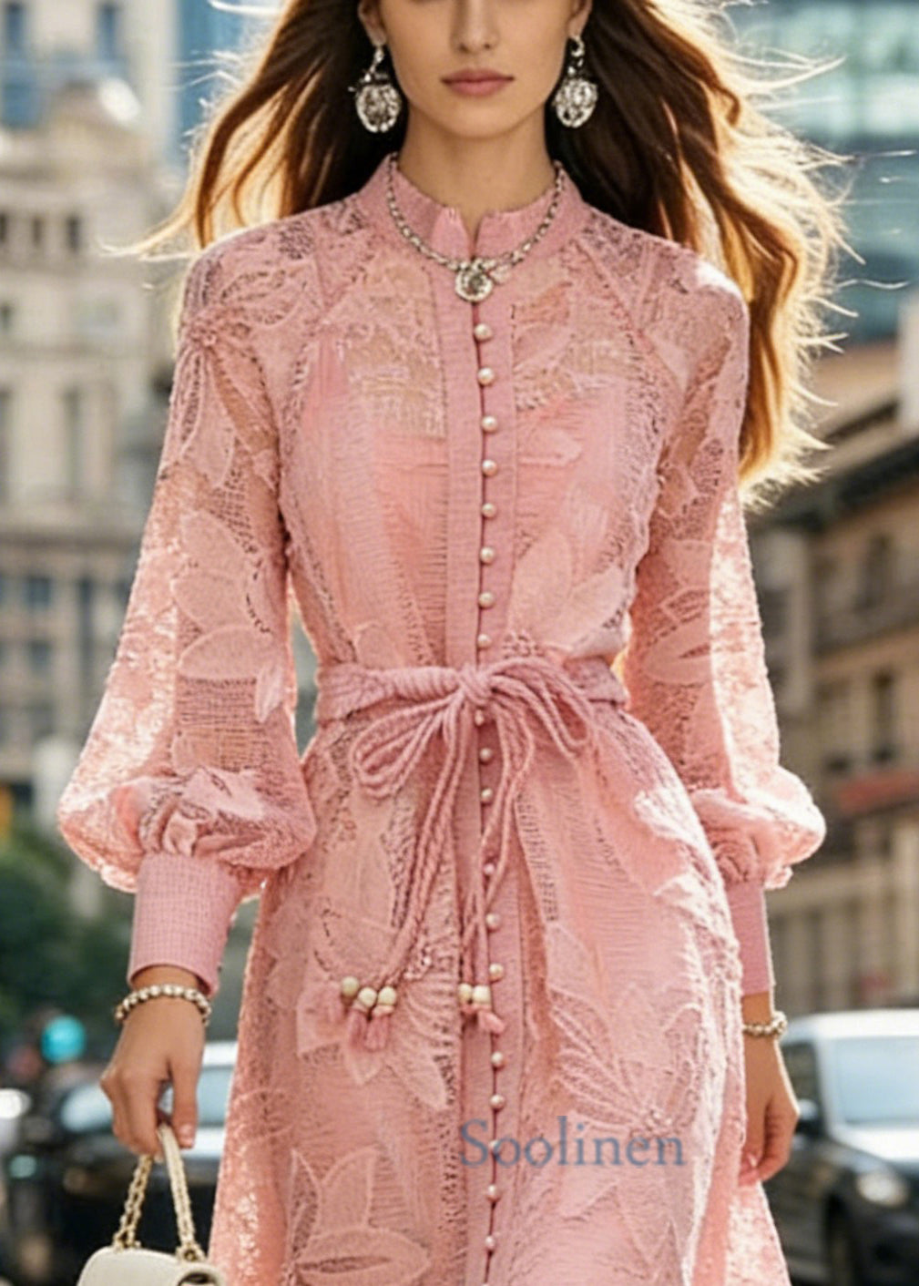 Italian Pink Patchwork Solid Long Dresses Spring