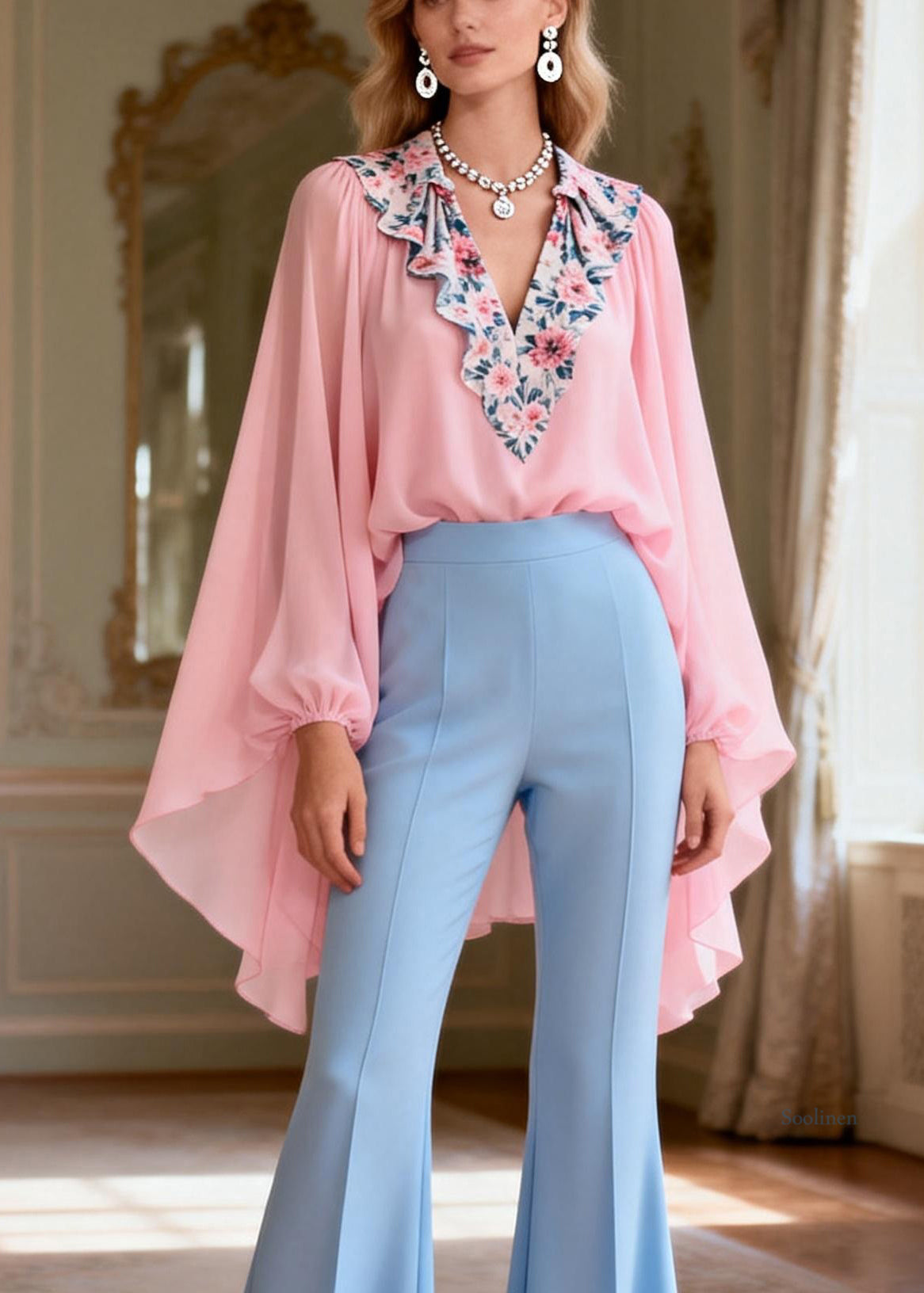 Italian Pink Print Patchwork Chiffon Top And Flared Trousers Two Pieces Set Lantern Sleeve