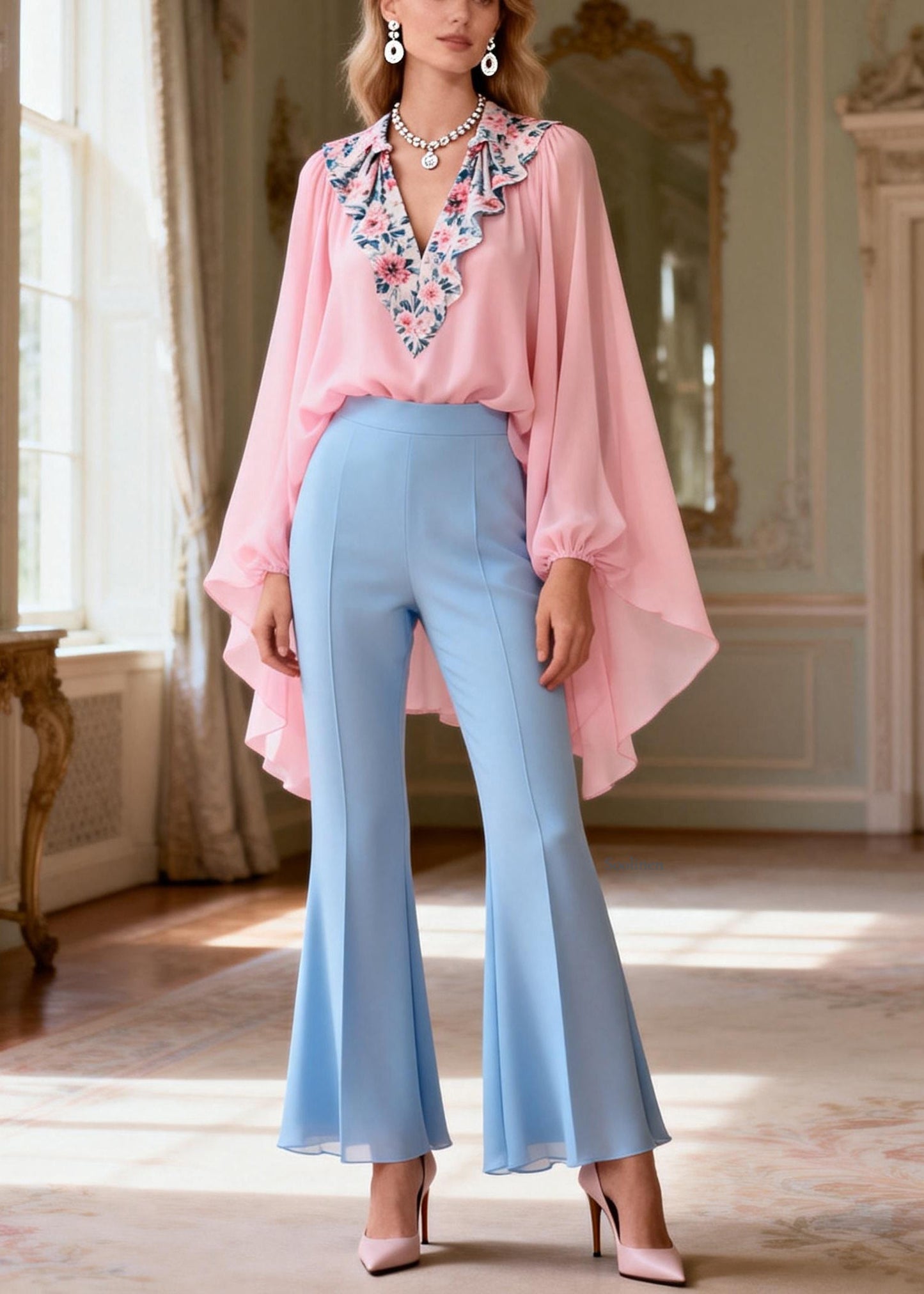 Italian Pink Print Patchwork Chiffon Top And Flared Trousers Two Pieces Set Lantern Sleeve