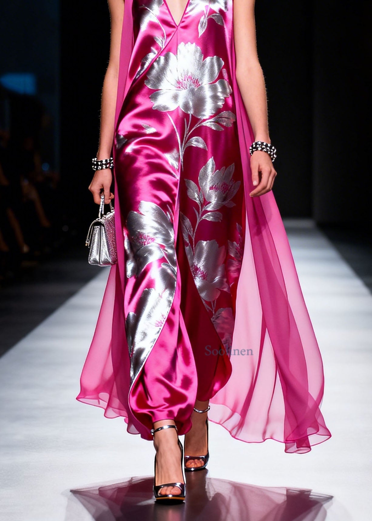 Italian Purple V Neck Print Silk Long Dress Sleeveless