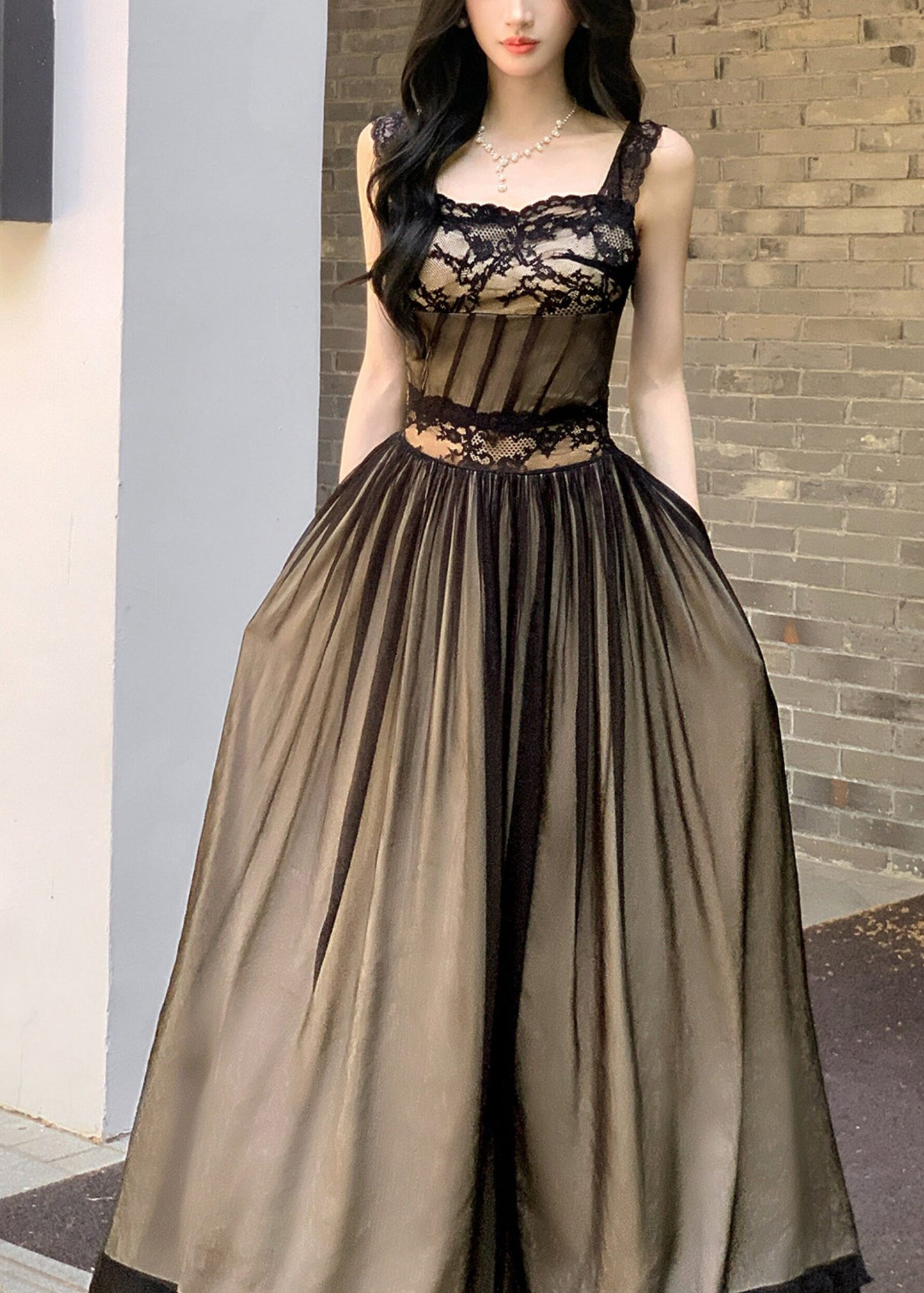 Italian Red Lace Patchwork Tie Waist Tulle Maxi Spaghetti Strap Dress Summer