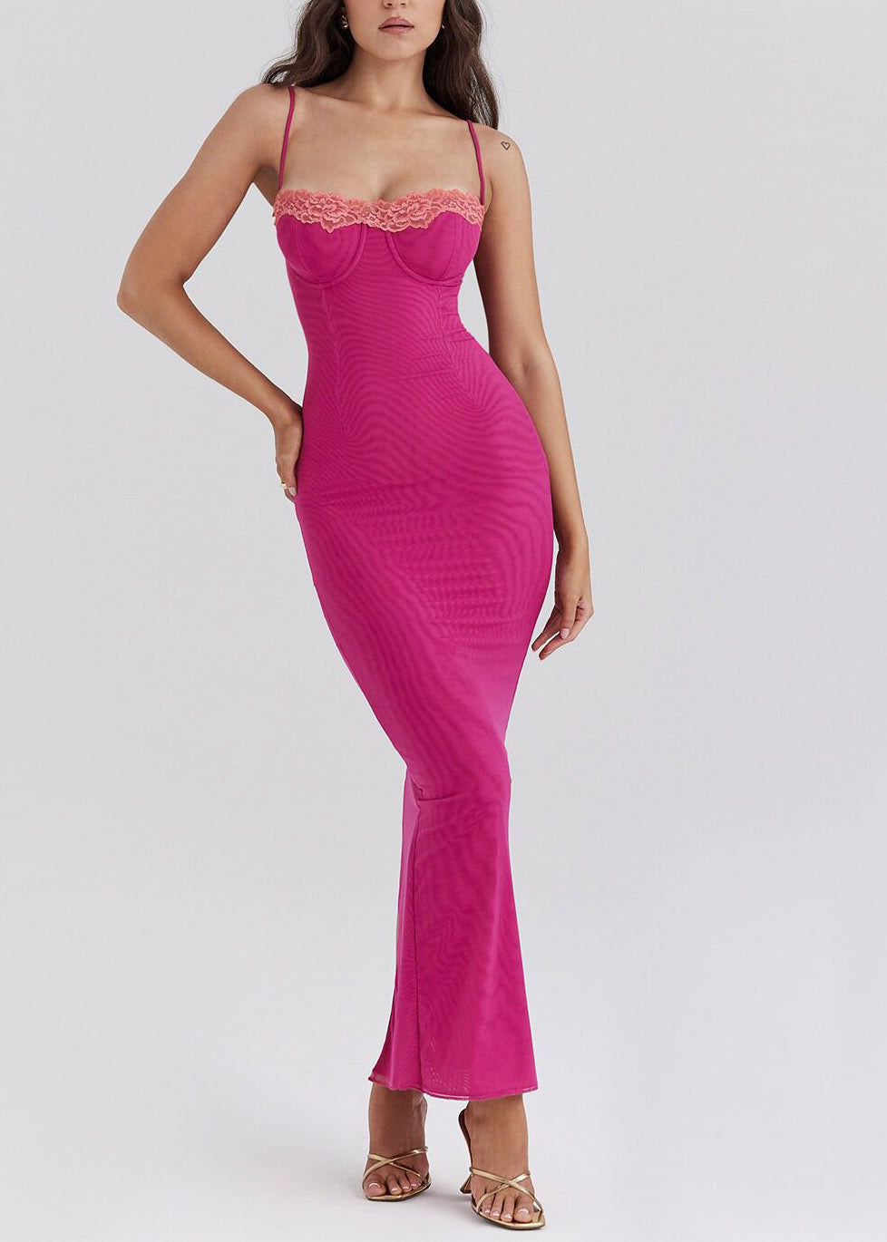 Italian Rose Side Open Solid Tulle Maxi Spaghetti Strap Dresses Sleeveless