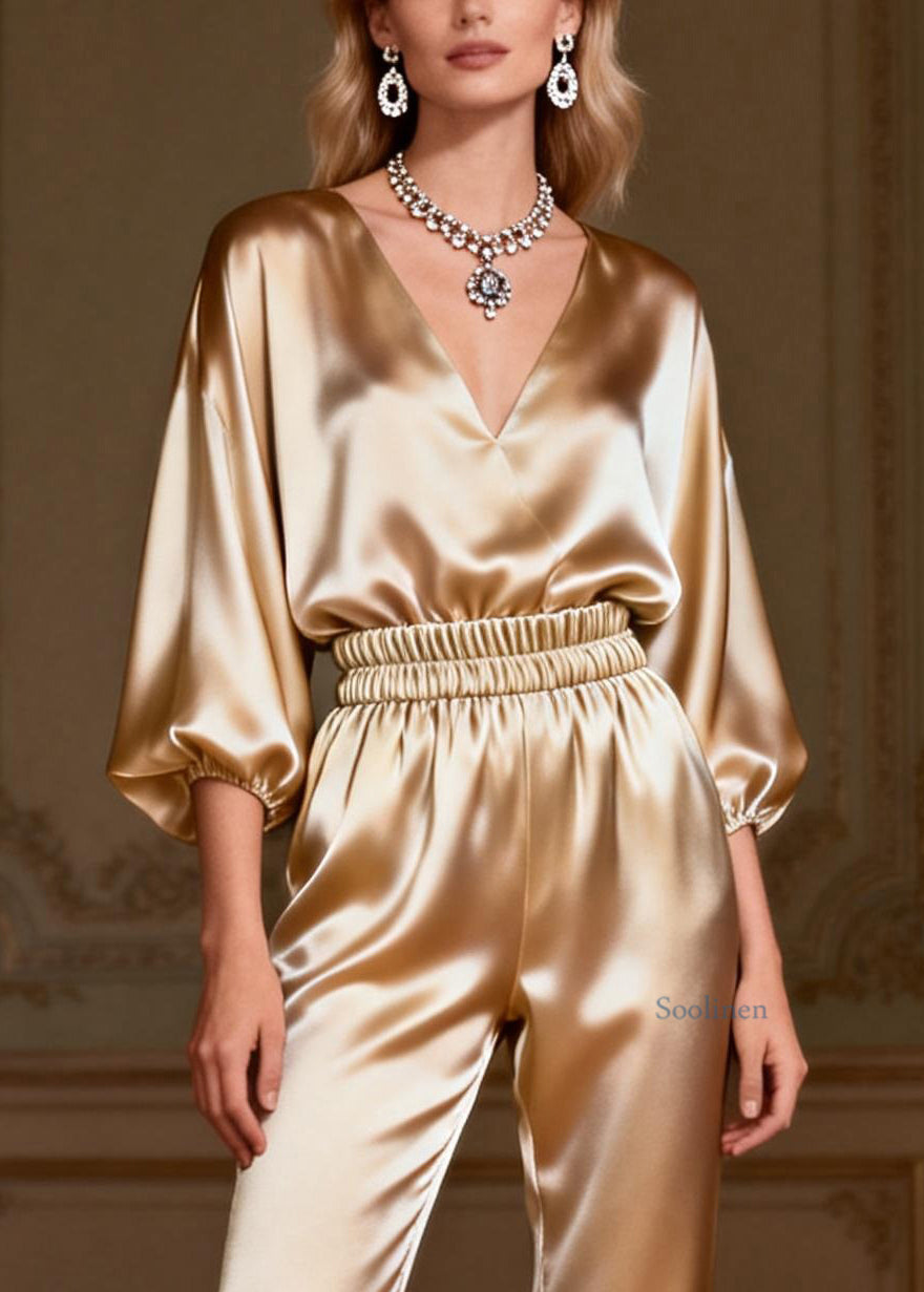 Italian V Neck Button Elastic Waist Silk Two Pieces Set Bracelet Sleeve