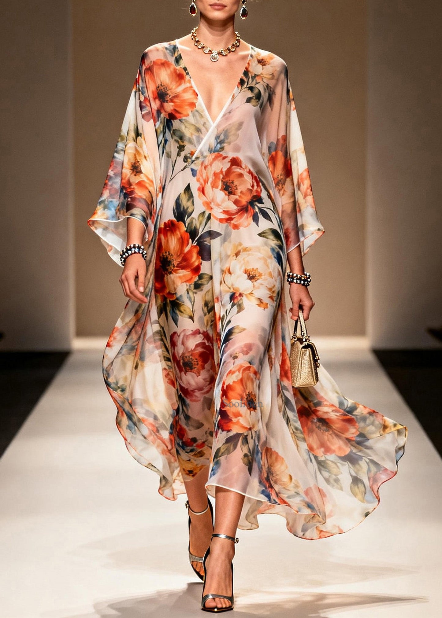 Italian V Neck Print Chiffon Long Dresses Summer