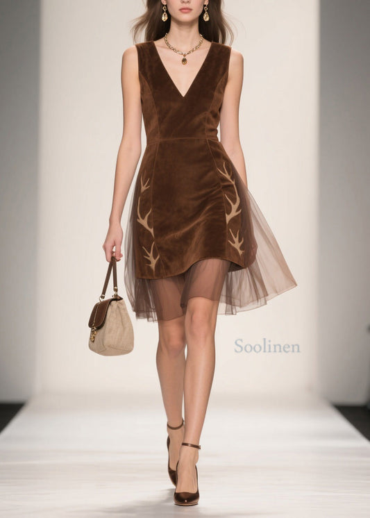 Italian V Neck Tulle Patchwork Velour Dresses Sleeveless