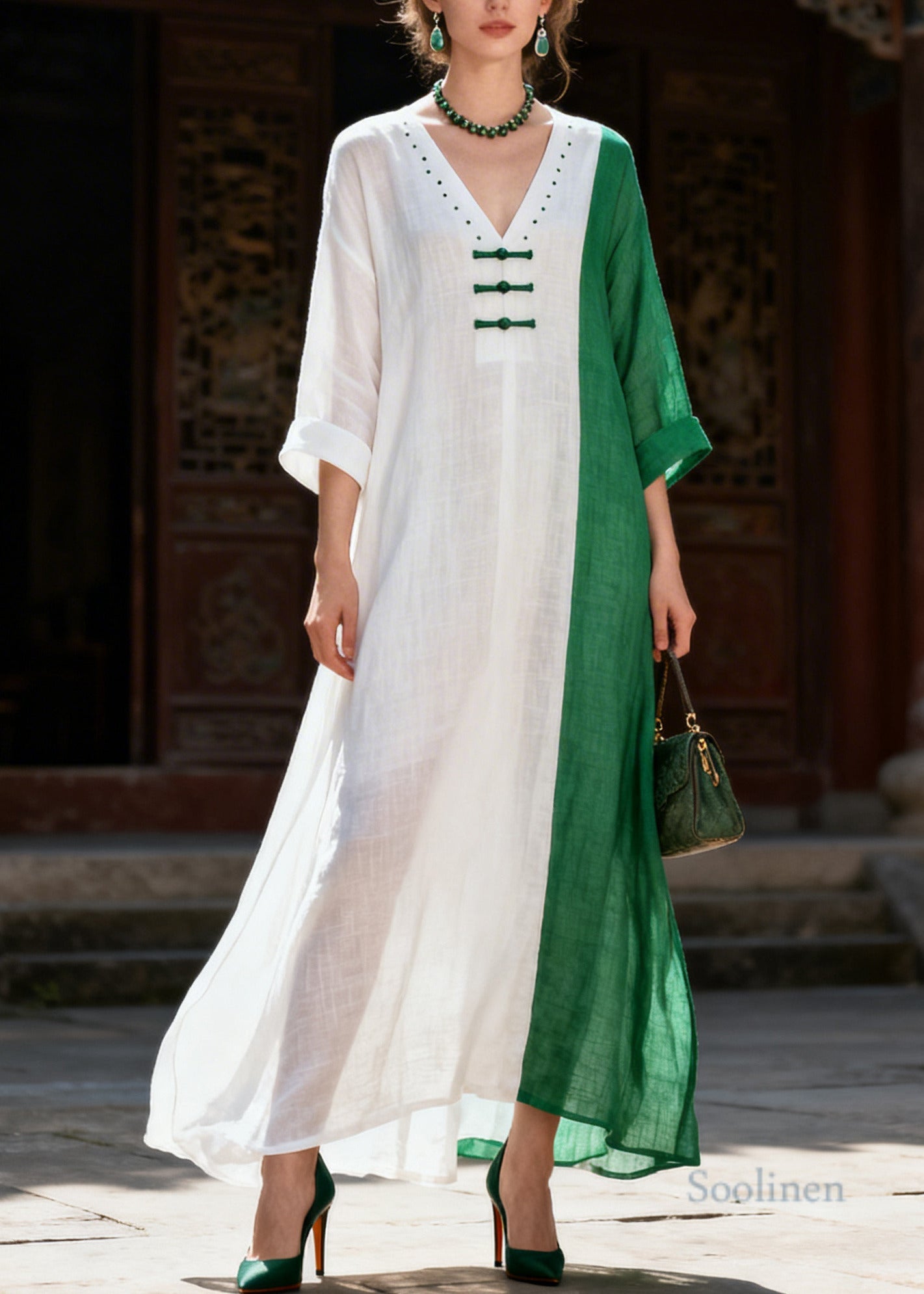 Italian White Asymmetrical Patchwork Chinese Button Cotton Dresses Summer