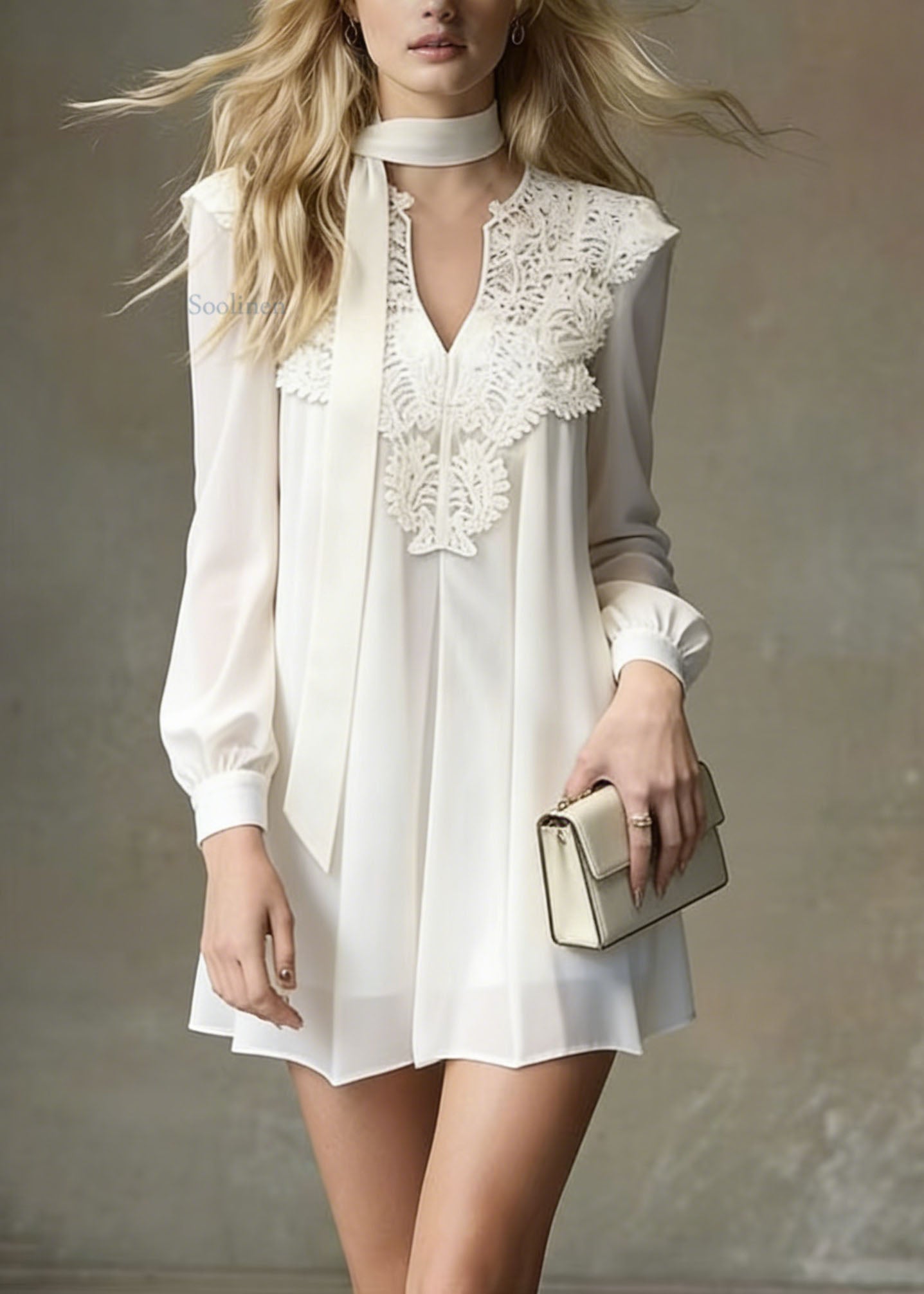 Italian White Lace Patchwork Chiffon Mini Dress Spring
