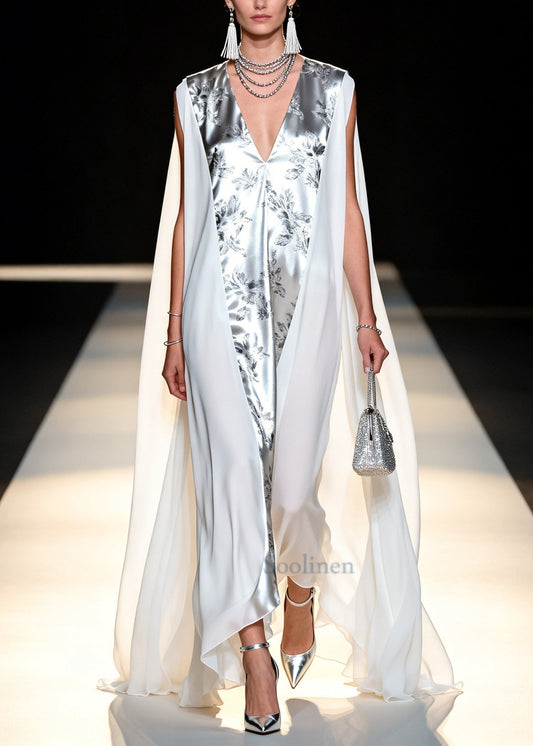 Italian White Oversized Patchwork Chiffon Maxi Dresses Sleeveless