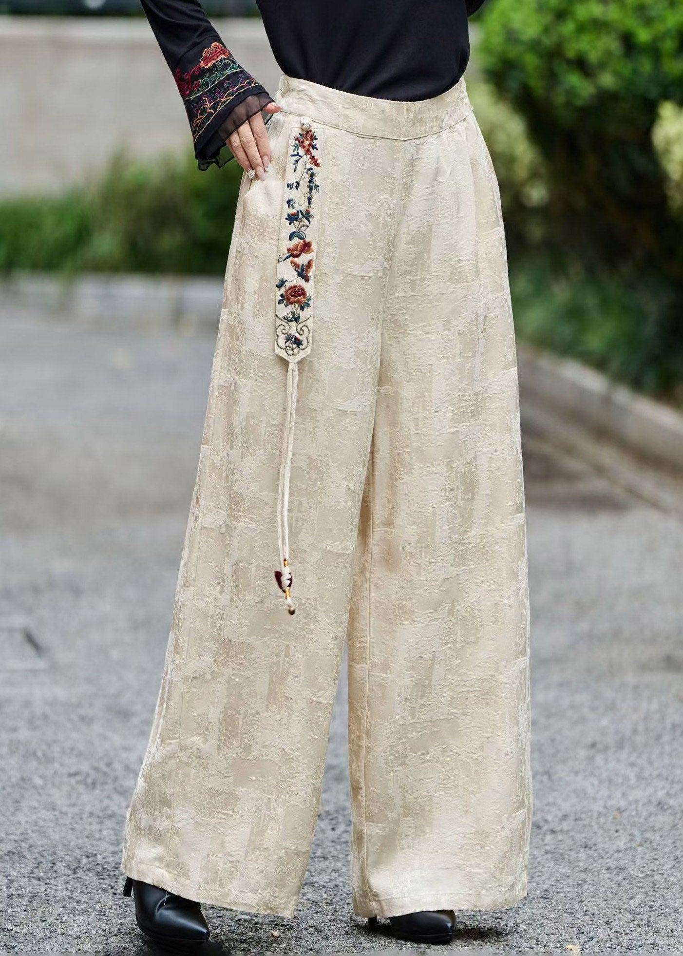 Jacquard Beige High Waist Patchwork Satin Straight Pants Summer
