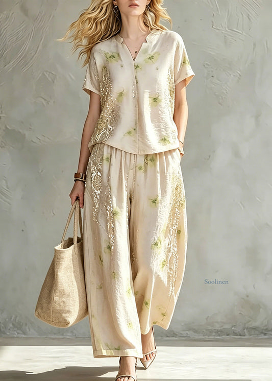 Conjunto de dos piezas de verano: top de seda y pantalón de pierna ancha con estampado patchwork en jacquard beige