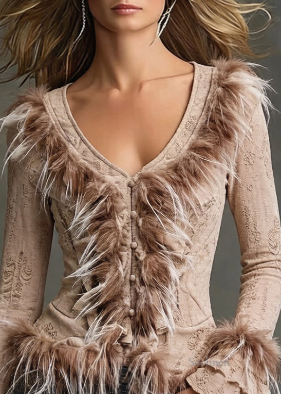 Khaki Button Fluffy Patchwork Cotton Blouses Hole