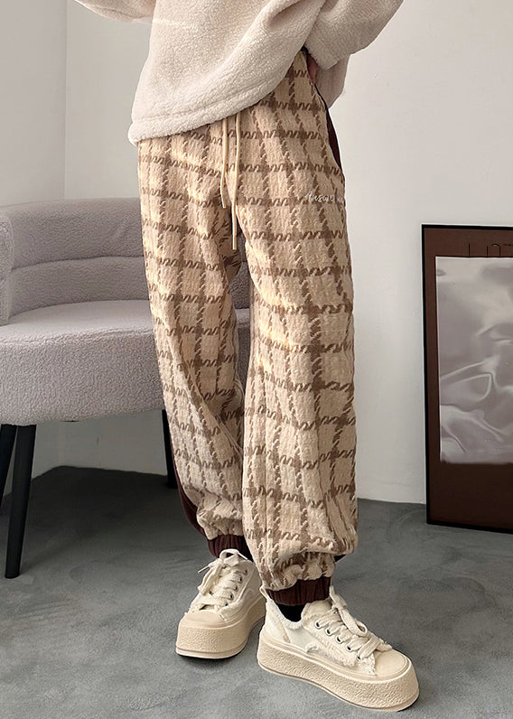 Khaki Plaid Lace Up Patchwork Cotton Men Pants Elastic Waist
