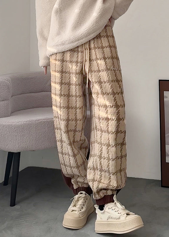 Khaki Plaid Lace Up Patchwork Cotton Men Pants Elastic Waist