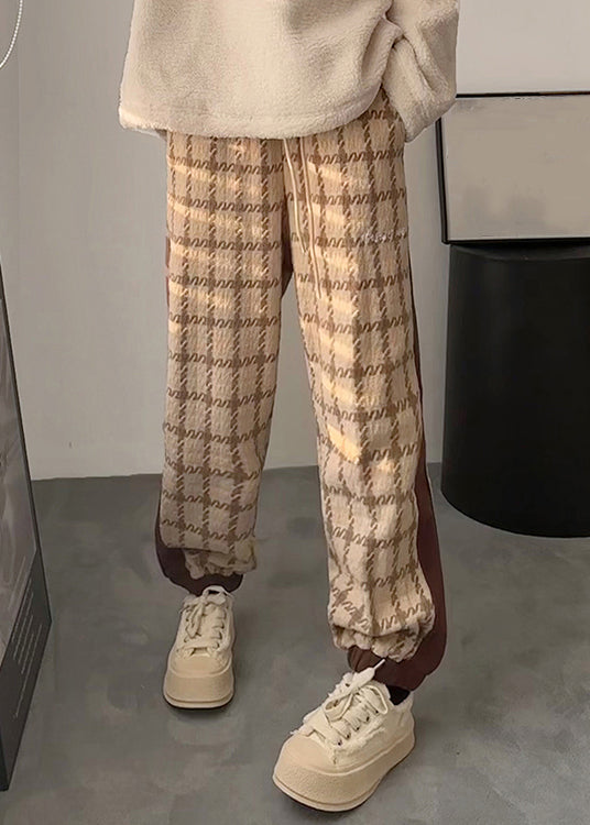 Khaki Plaid Lace Up Patchwork Cotton Men Pants Elastic Waist