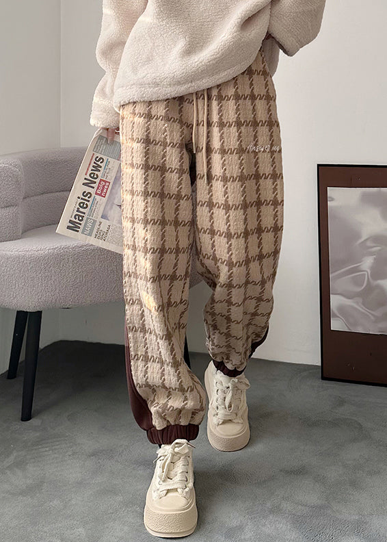 Khaki Plaid Lace Up Patchwork Cotton Men Pants Elastic Waist