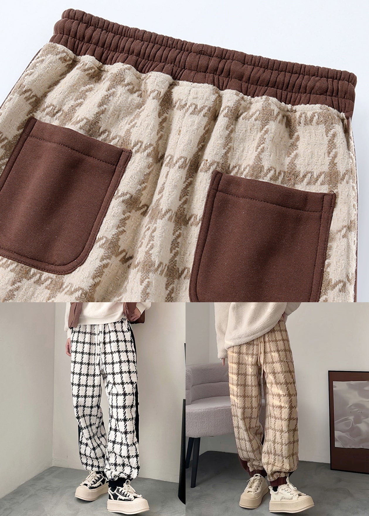 Khaki Plaid Lace Up Patchwork Cotton Men Pants Elastic Waist