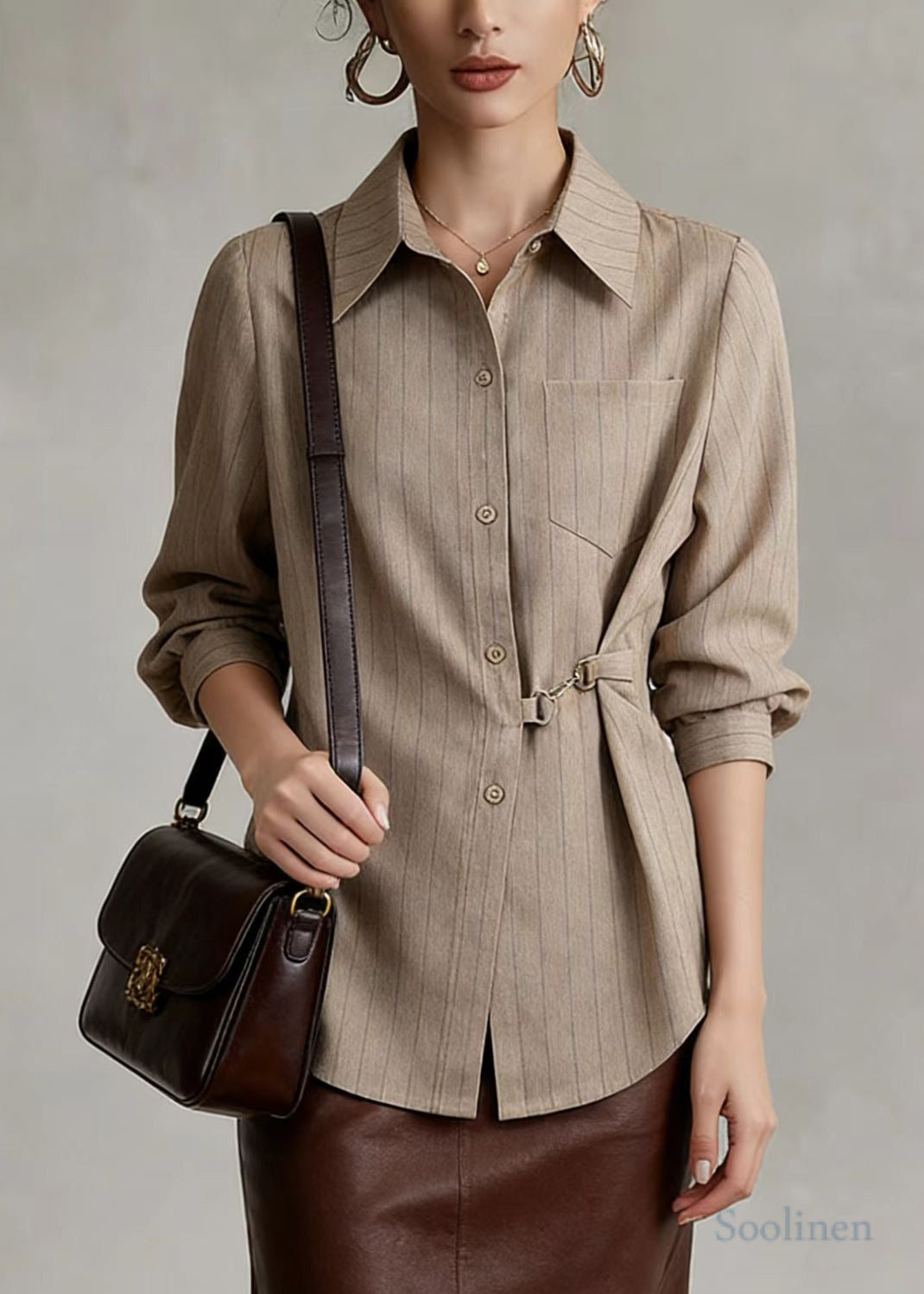Khaki Striped Cotton Blouses Side Tie Waist Spring